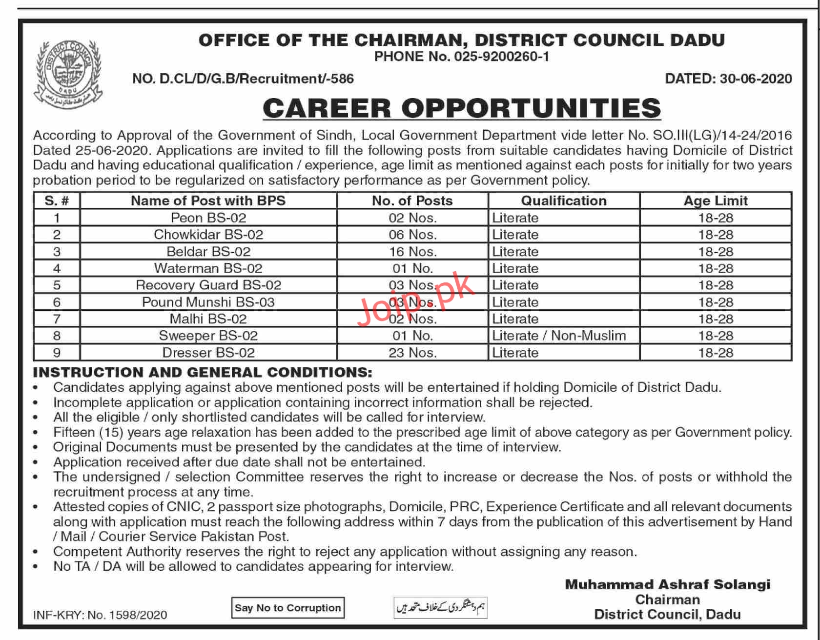 Sindh District Council Dadu Local Govt Department 77+ Jobs 2020 Latest