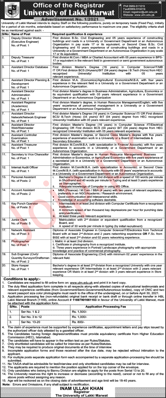 ULM Jobs 2021 - University of Lakki Marwat (33+ Vacancies)