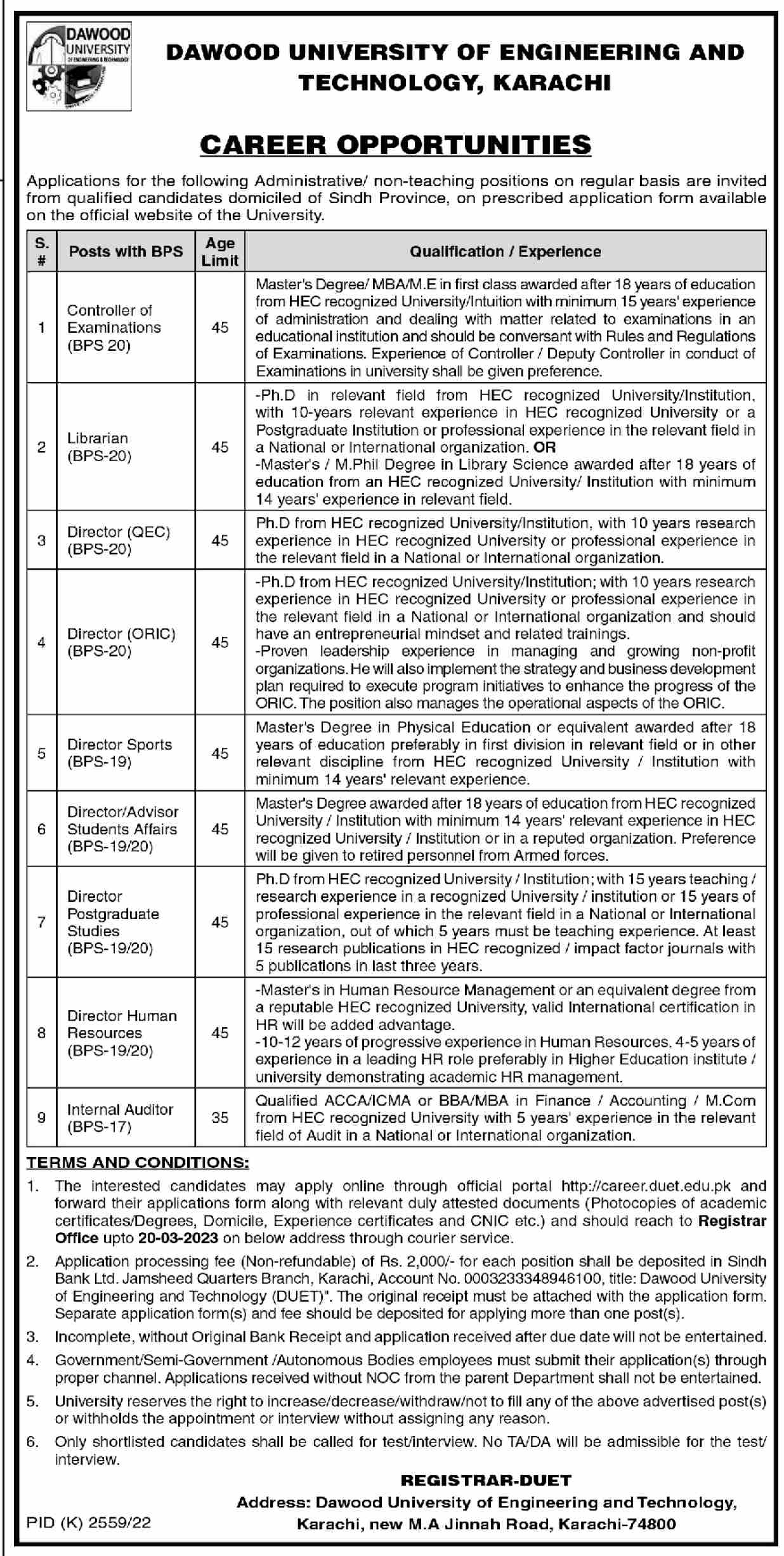 Dawood University of Engineering and Technology Jobs 2023